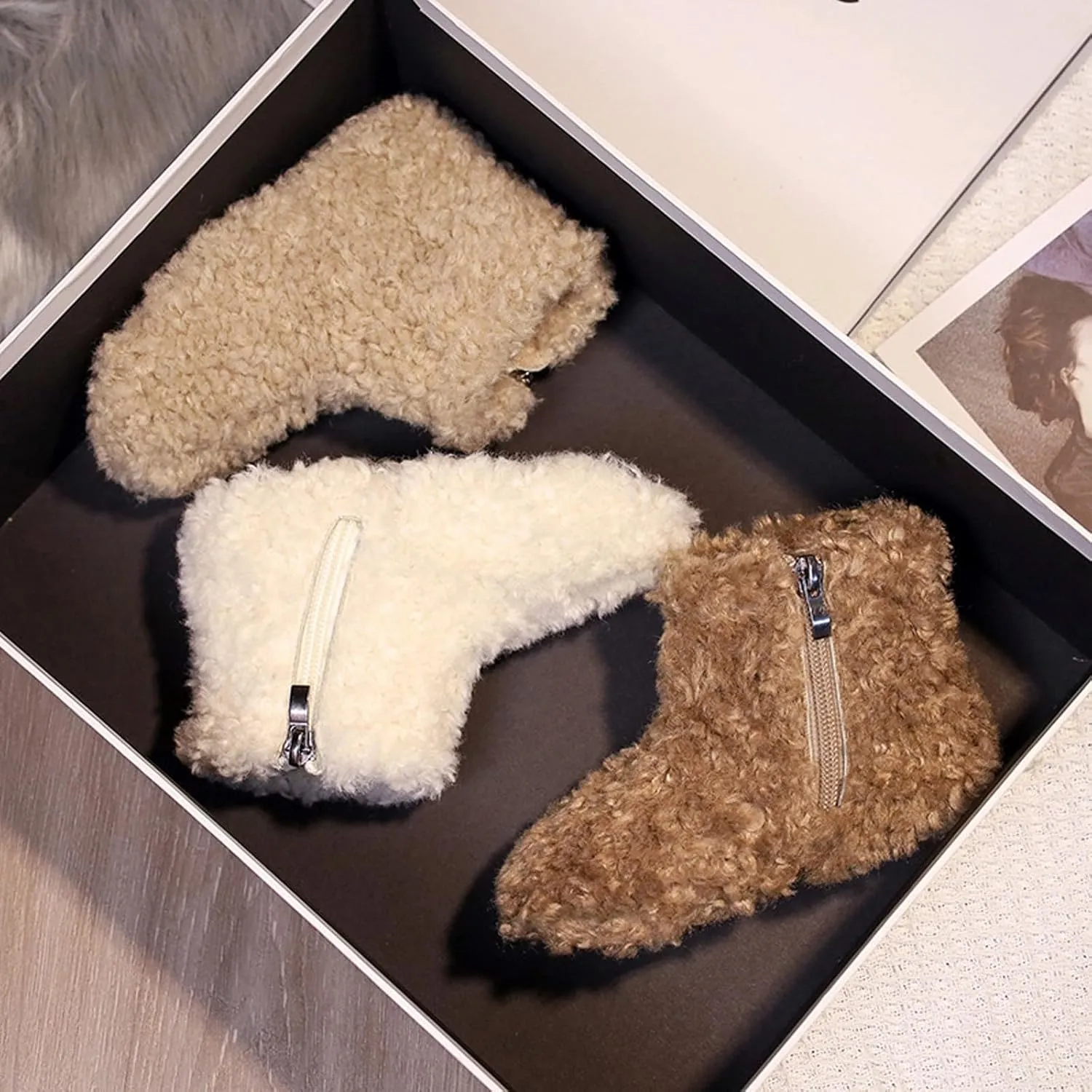 Big Kids Warm Fuzzy Ankle Boots Snow Boots for Toddler Cozy Cold Weather Boots Side Zipper Shoes Non-Slip Shoes