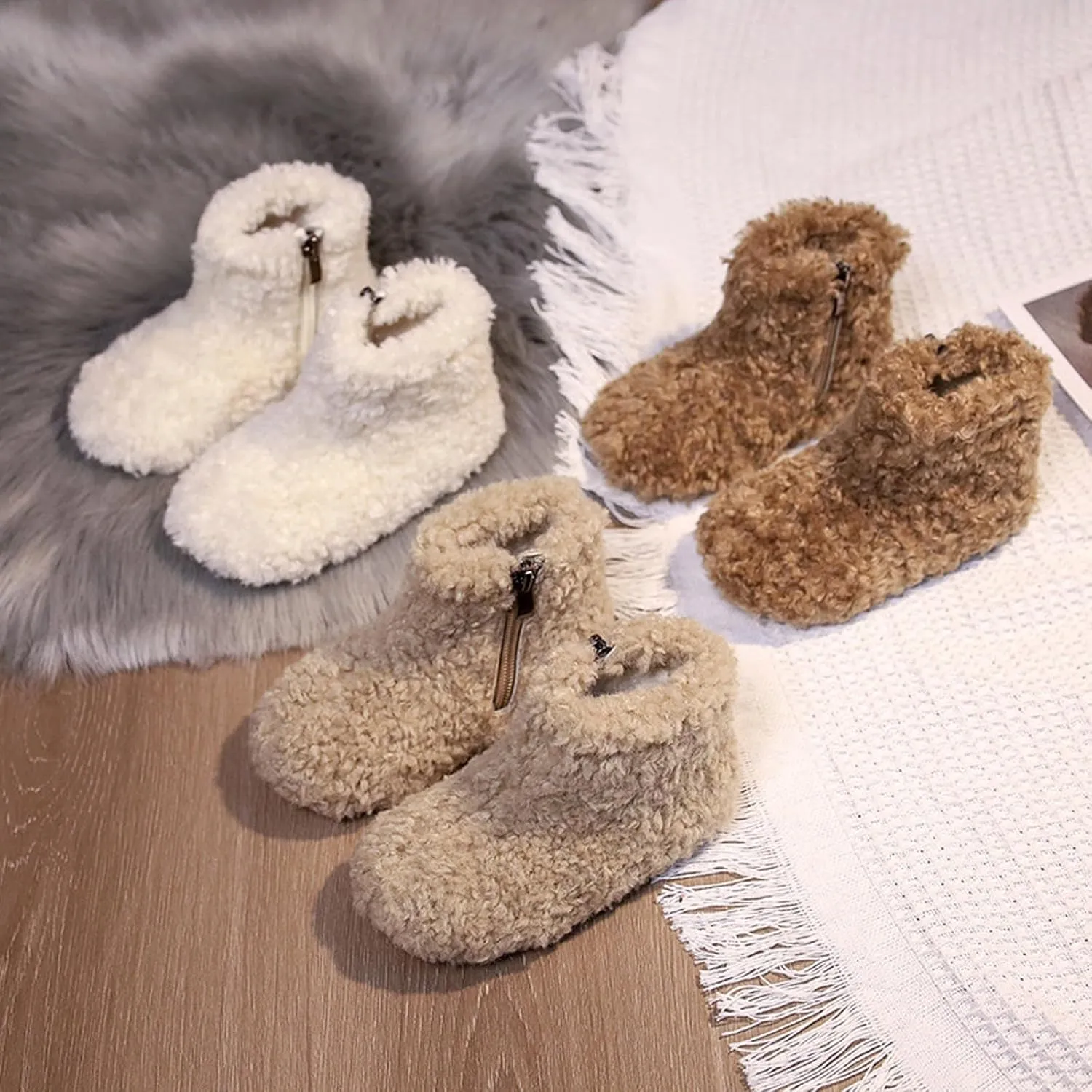 Big Kids Warm Fuzzy Ankle Boots Snow Boots for Toddler Cozy Cold Weather Boots Side Zipper Shoes Non-Slip Shoes