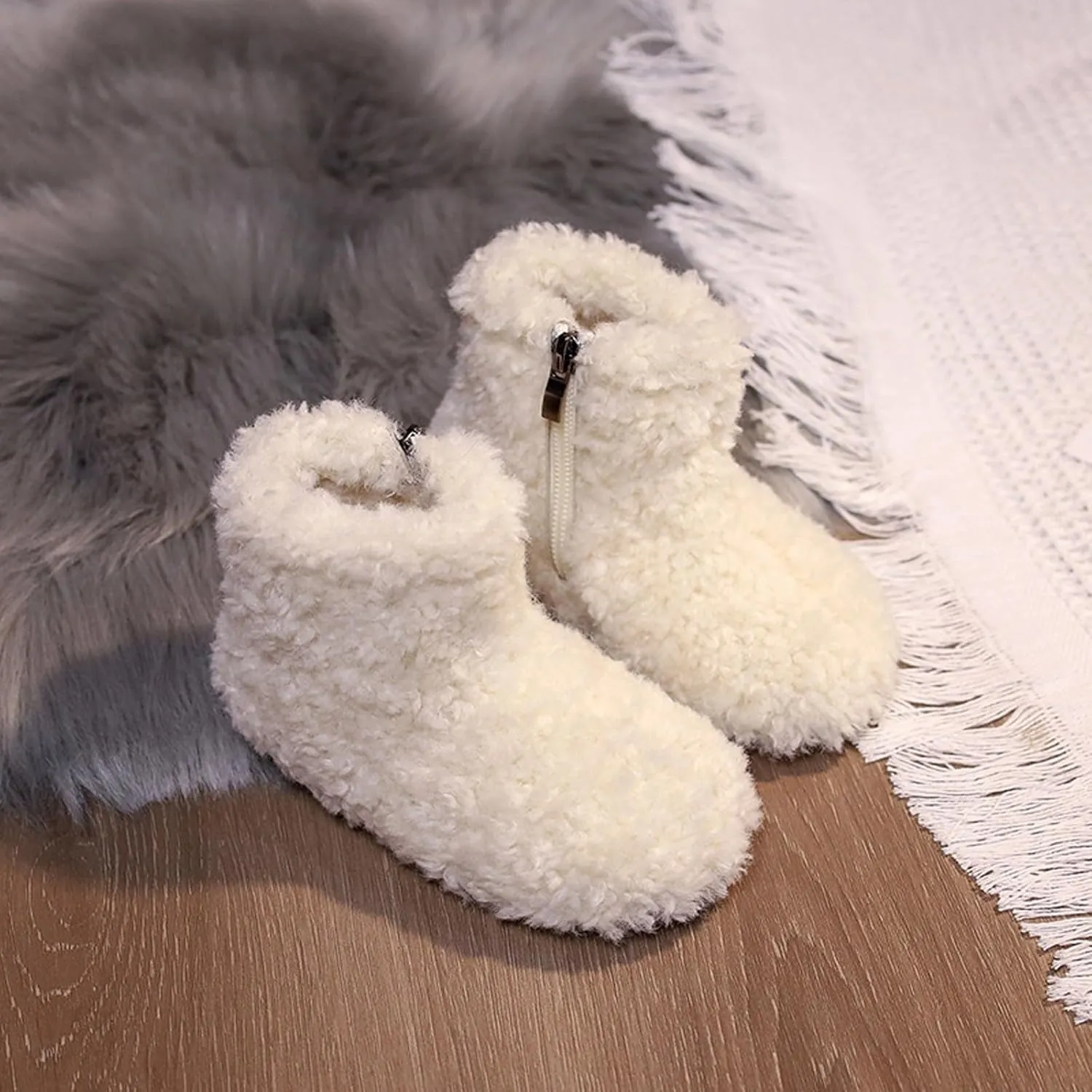 Big Kids Warm Fuzzy Ankle Boots Snow Boots for Toddler Cozy Cold Weather Boots Side Zipper Shoes Non-Slip Shoes