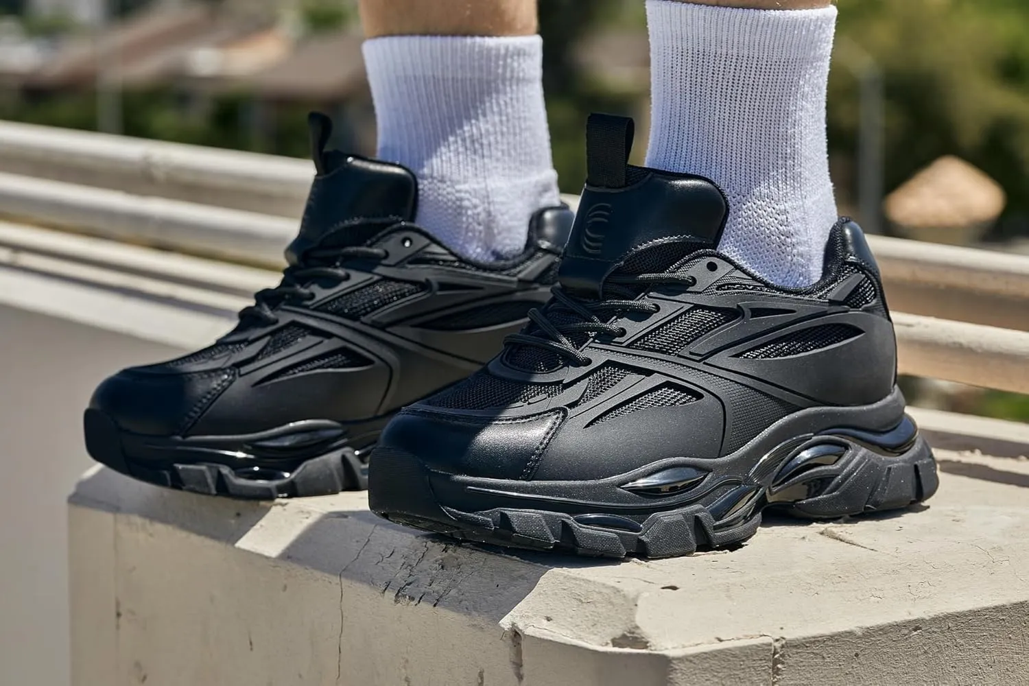 CALTO Men's Invisible Height Increasing Elevator Shoes - Jet Black/Onyx Sole Chunky Sole Lace-up Sporty Sneakers - 2.6 Inches Taller - S5282 - Size 10 D(M) US