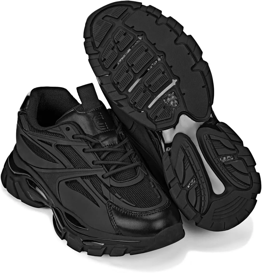 CALTO Men's Invisible Height Increasing Elevator Shoes - Jet Black/Onyx Sole Chunky Sole Lace-up Sporty Sneakers - 2.6 Inches Taller - S5282 - Size 10 D(M) US