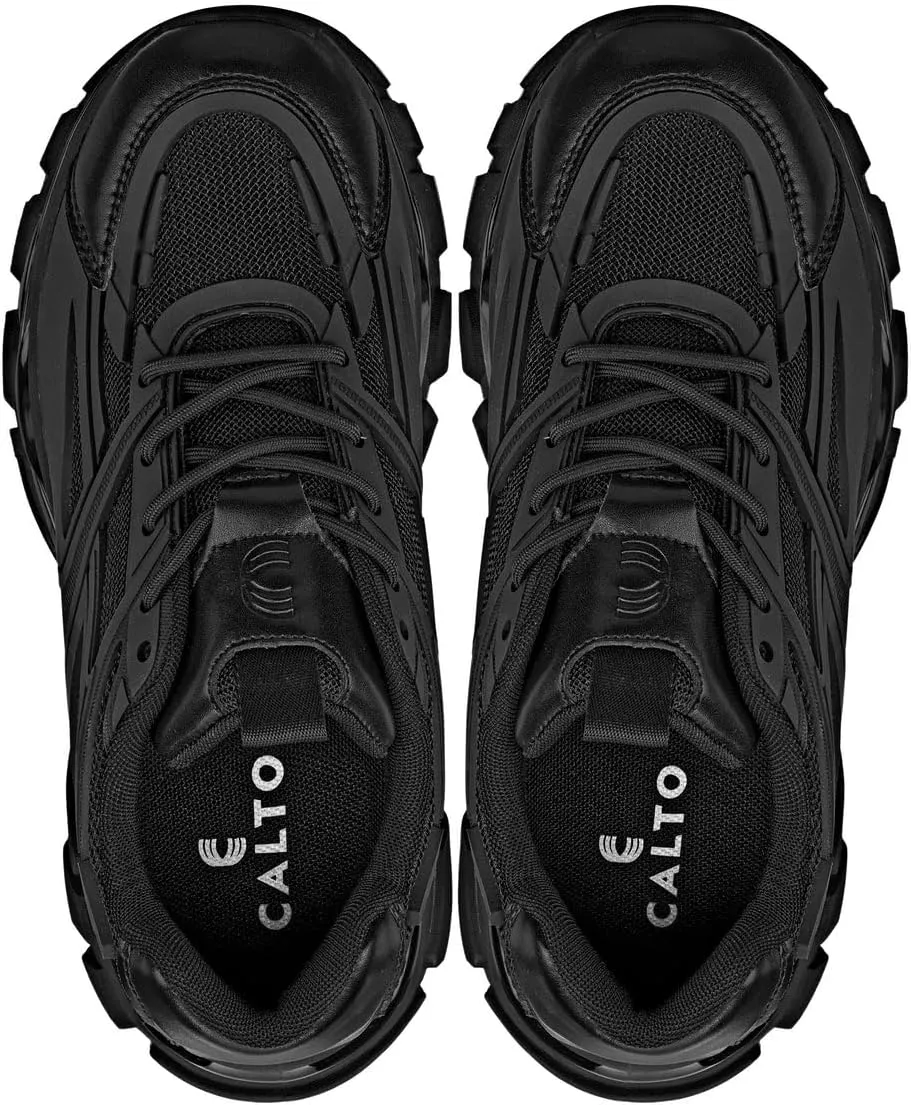 CALTO Men's Invisible Height Increasing Elevator Shoes - Jet Black/Onyx Sole Chunky Sole Lace-up Sporty Sneakers - 2.6 Inches Taller - S5282 - Size 10 D(M) US