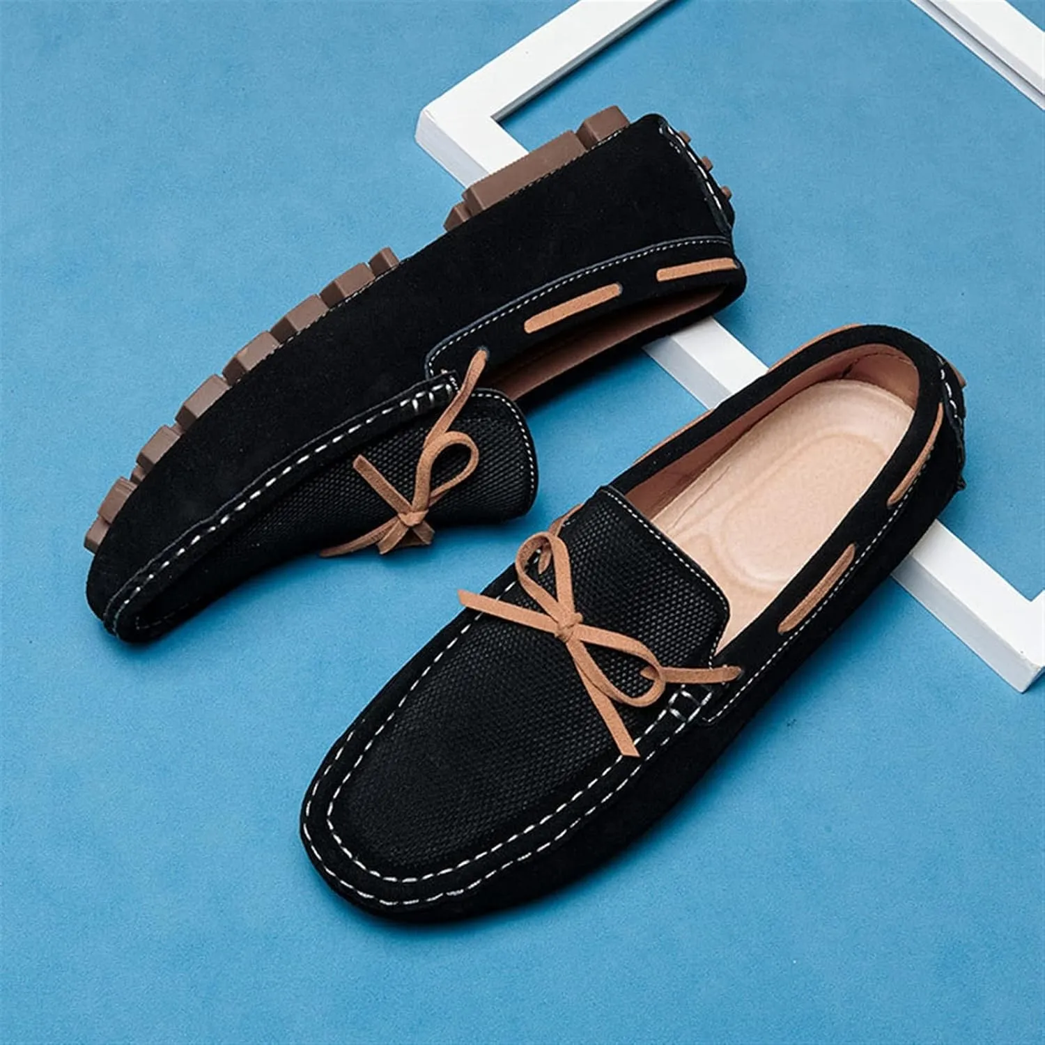 Easy to Put and Remove. Driving Moccasins for Men Deck Shoes Genuine Leather Stitching Details Round Toe 1-Eye Suede Vamp Flat Heel Resistant Flexible Anti-Slip Driving for All Occasions
