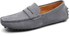 Easy to Put and Remove Smoking Loafer Driving Moccasins for Men Genuine Leather Suede Vamp Penny Loafer Stitching Details Round Toe Soft Flat Heel Flexible Comfortable for All Occasions