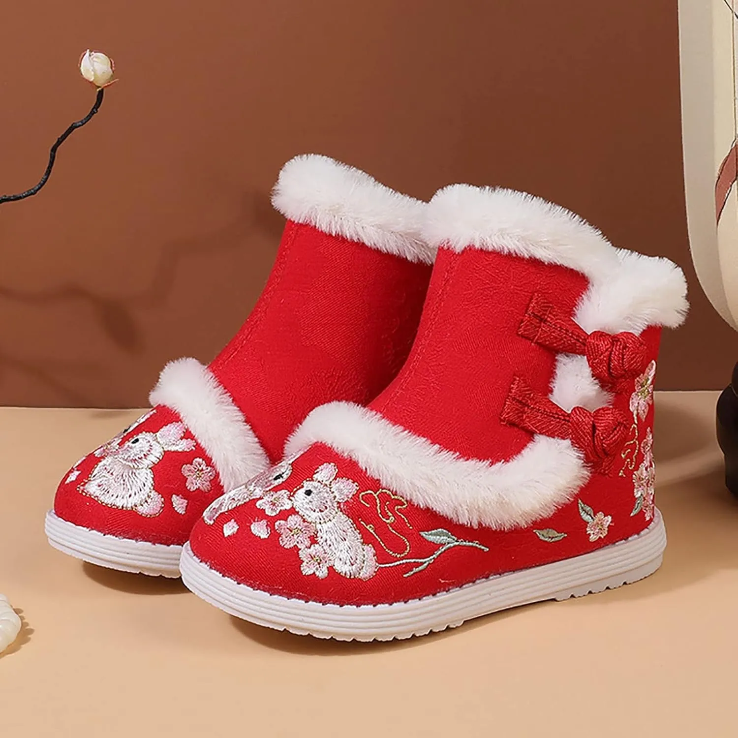 Girls Embroidery Print Ankle Boots Soft Sole Warm Winter Snow Boots Newborn Infant Cozy Plush Lined Boots Outdoor
