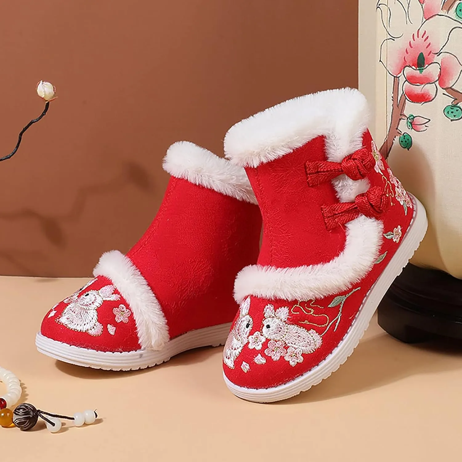 Girls Embroidery Print Ankle Boots Soft Sole Warm Winter Snow Boots Newborn Infant Cozy Plush Lined Boots Outdoor