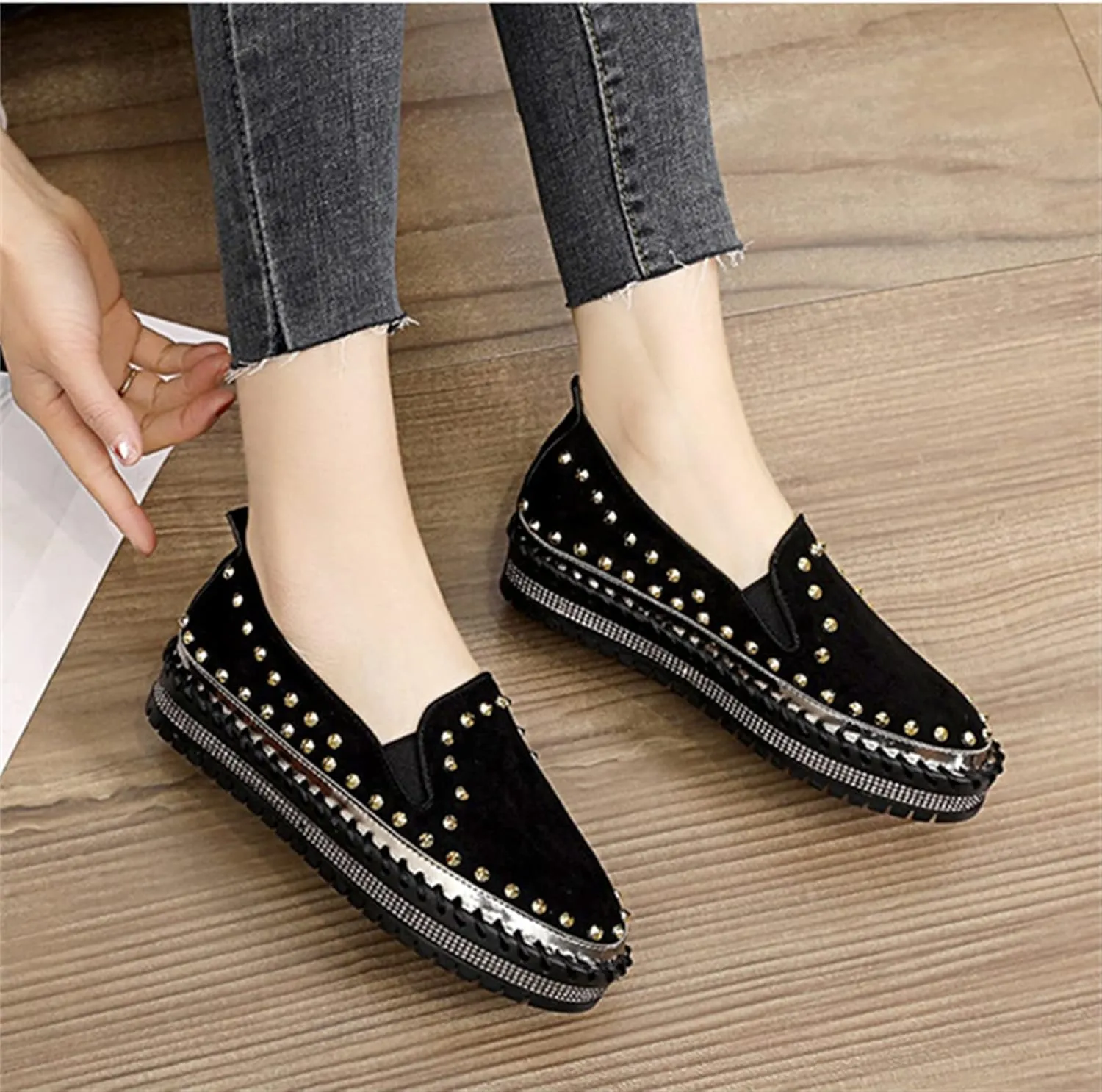 HINDOLA Women's Rhinestones Sneakers Ladies Sparkly Fashion Comfort Loafers Platform Slip-On Glitter Walking Shoes
