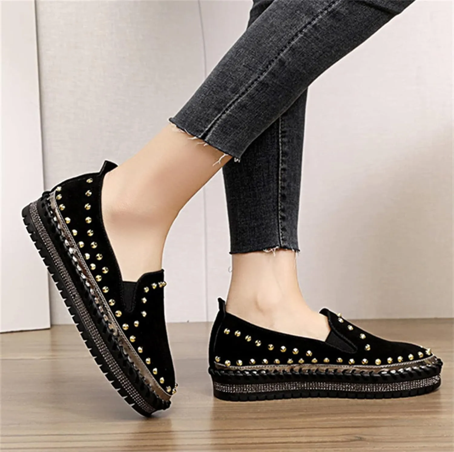 HINDOLA Women's Rhinestones Sneakers Ladies Sparkly Fashion Comfort Loafers Platform Slip-On Glitter Walking Shoes