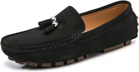 HOOENG Driving Moccasins for Men Genuine Leather Stitching Details Round Toe Tassel Suede Vamp Perforated Flexible Lightweight Flat Heel Driving Slip On (Color : Black, Size : 10.5)