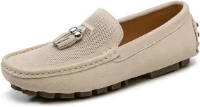 HOOENG Driving Moccasins for Men Genuine Leather Stitching Details Round Toe Tassel Suede Vamp Perforated Flexible Lightweight Flat Heel Driving Slip On (Color : Khaki, Size : 6.5)