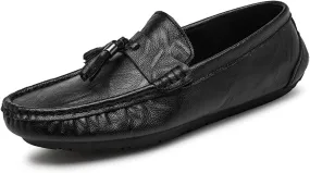 HOOENG Smoking Loafer Driving Moccasins for Men Genuine Leather Stitching Details Round Toe Tassel Resistant Flat Heel Flexible Lightweight Anti-Slip (Color : Black, Size : 7.5 M US)
