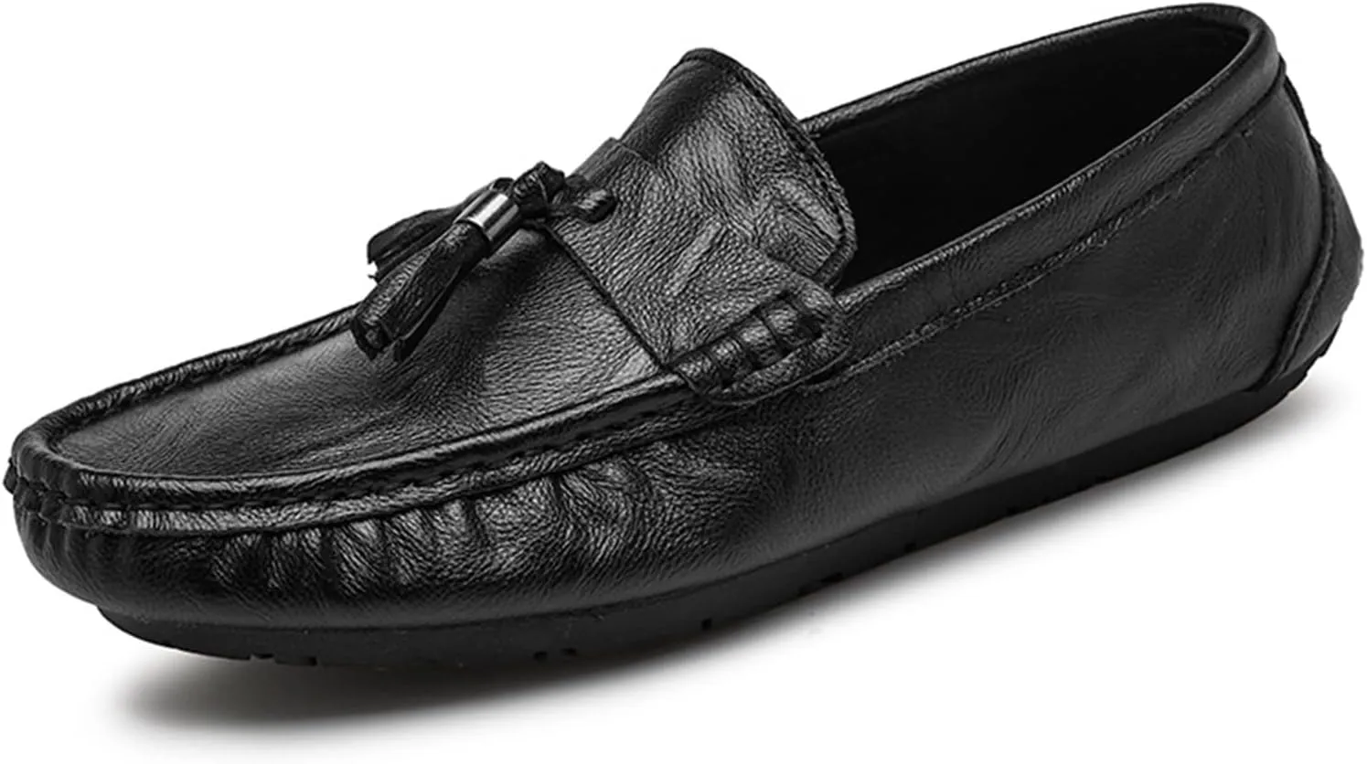 HOOENG Smoking Loafer Driving Moccasins for Men Genuine Leather Stitching Details Round Toe Tassel Resistant Flat Heel Flexible Lightweight Anti-Slip (Color : Black, Size : 7.5 M US)