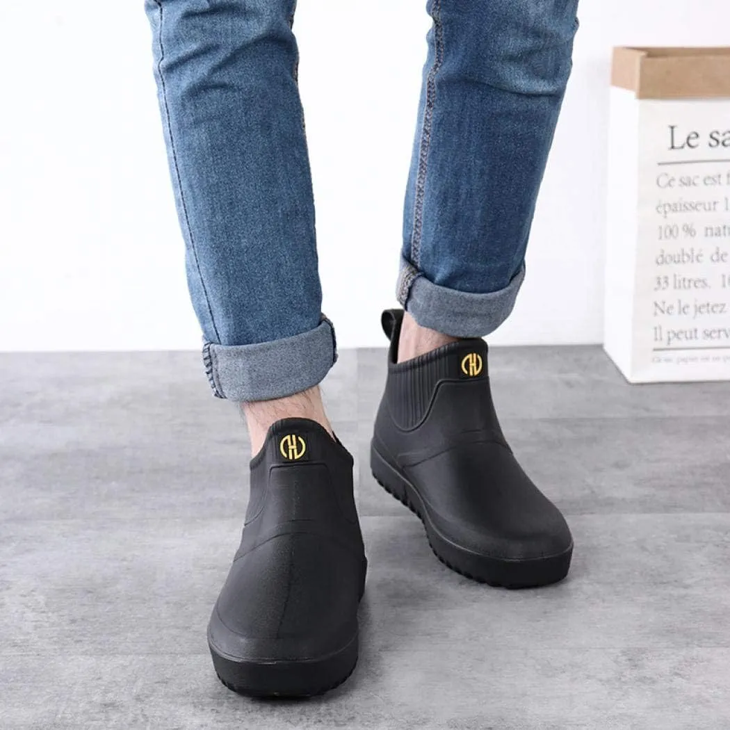 jessie Men Rain Boots Outdoor Slip On Waterproof Non-Slip Rubber Ankle Boots Rain Booties