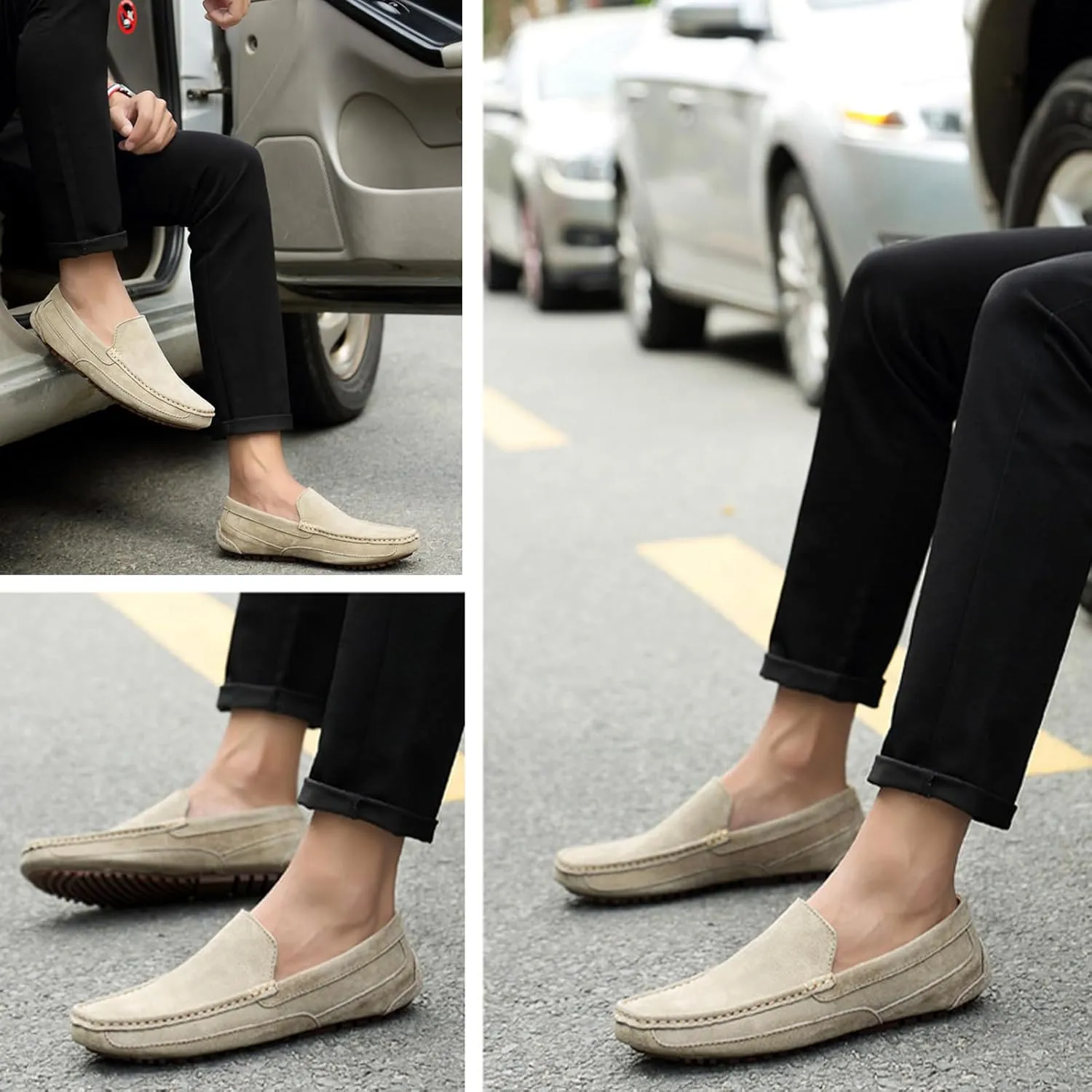 Men's Suede Driving Penny Loafers Retro Round Toe Solid Color Moccasin Shoes Comfortable Slip On Casual Dress Boat Shoes