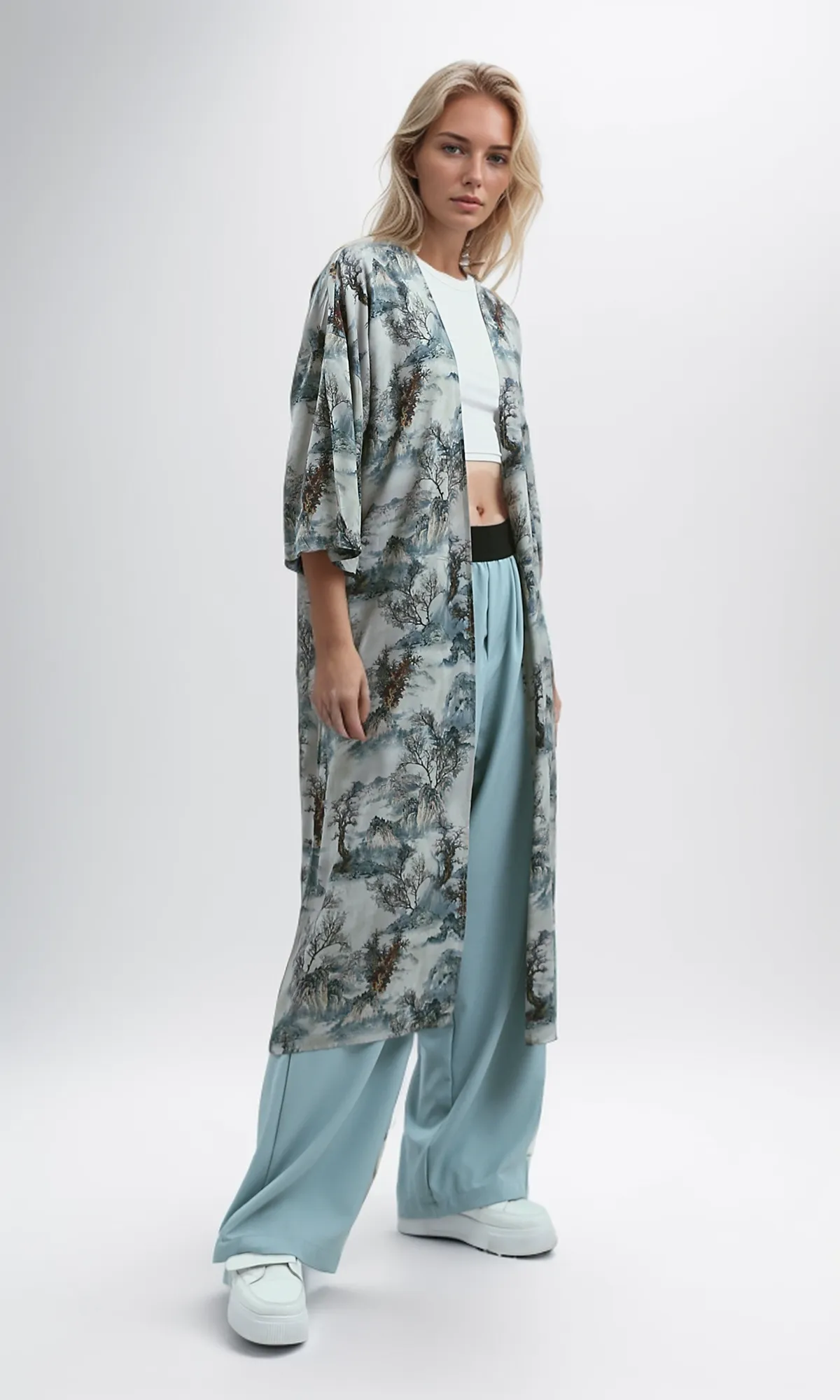 O191926 Blue & Beige Patterned Slip On Summer Kimono