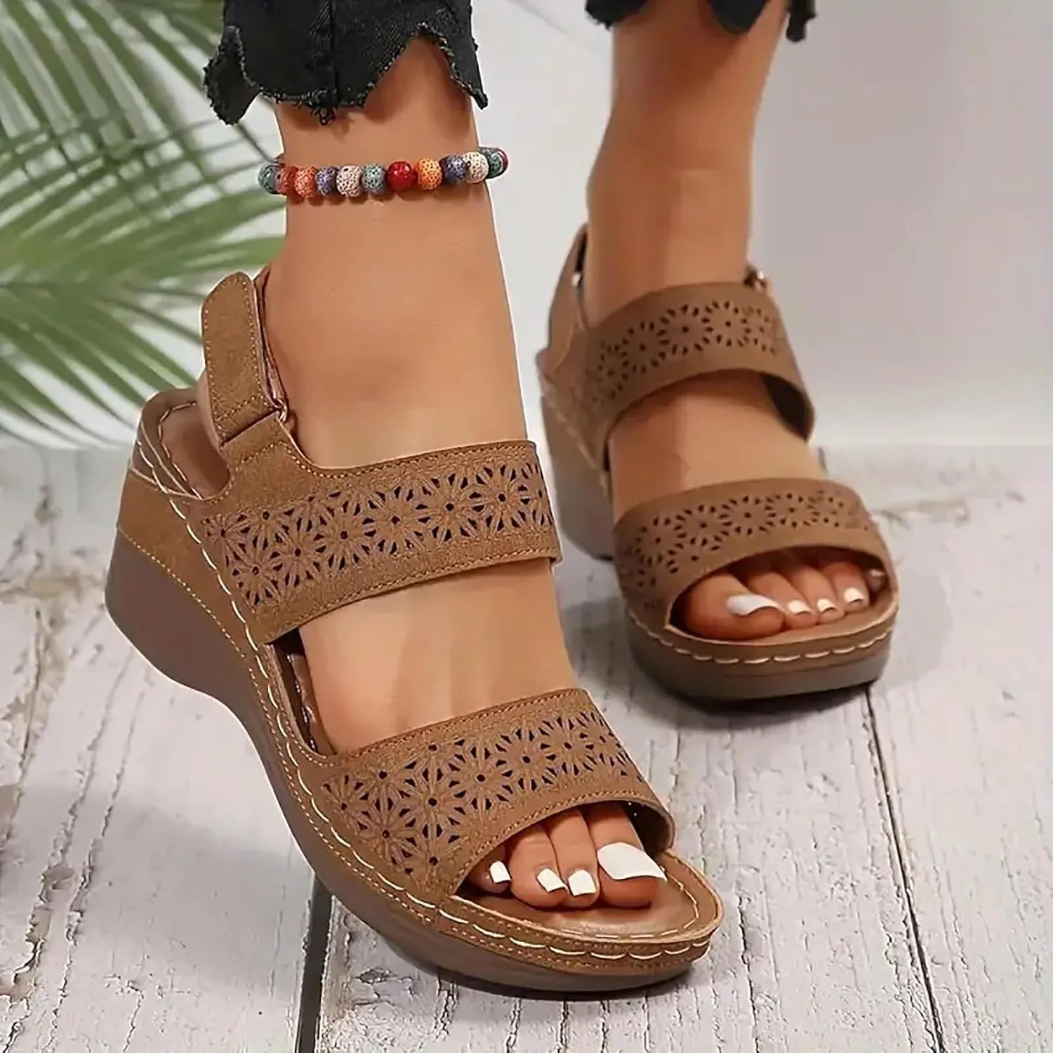 Orthopedic Sandals for Women Wide Width Comfortable Open Toe Crisscross Straps Slip on Wedge Sandals Walking Plantar Fasciitis Slides Beach Shoes