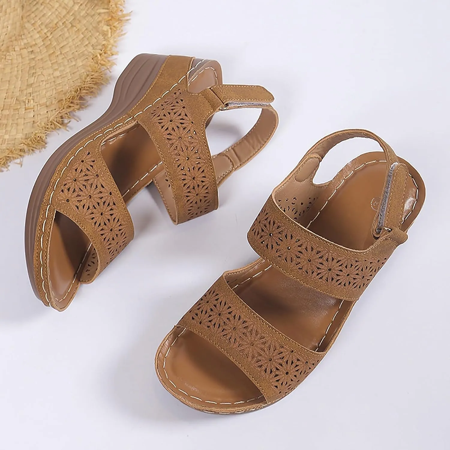 Orthopedic Sandals for Women Wide Width Comfortable Open Toe Crisscross Straps Slip on Wedge Sandals Walking Plantar Fasciitis Slides Beach Shoes