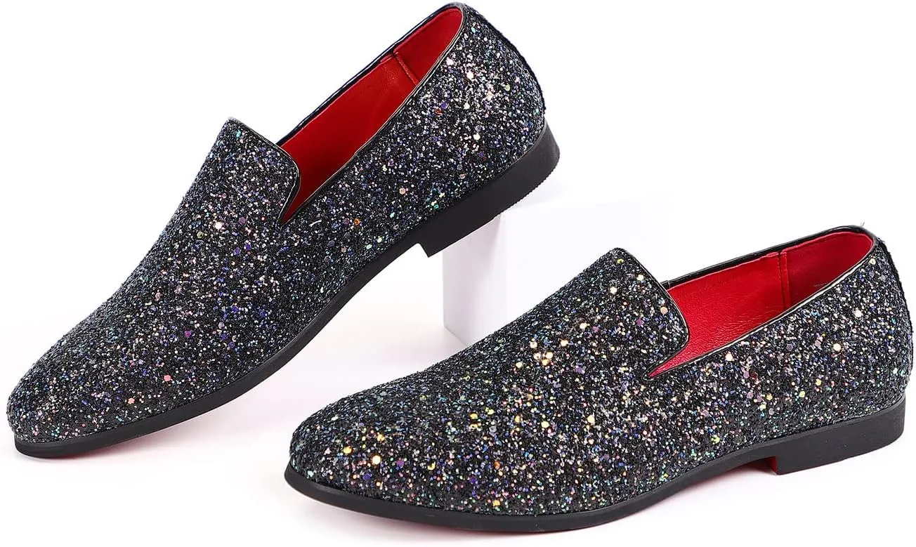 Santimon Mens Glitter Loafers Slip-On Dress Shoes  Sparkly Tuxedo & Suit Shoes for Weddings, Parties, and Formal Events