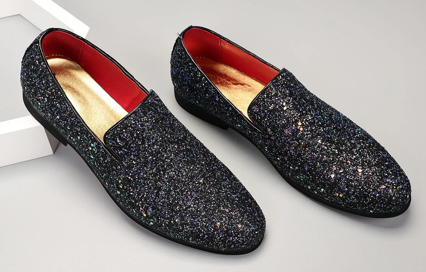Santimon Mens Glitter Loafers Slip-On Dress Shoes  Sparkly Tuxedo & Suit Shoes for Weddings, Parties, and Formal Events