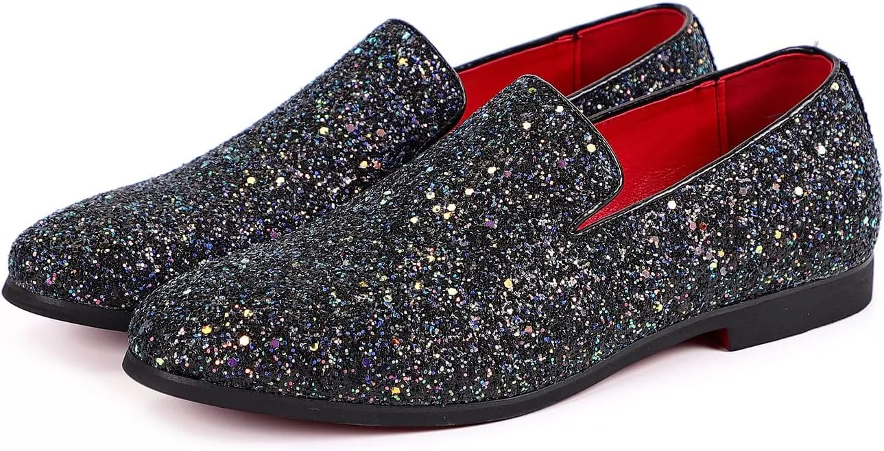 Santimon Mens Glitter Loafers Slip-On Dress Shoes  Sparkly Tuxedo & Suit Shoes for Weddings, Parties, and Formal Events