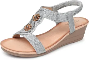 SHIBEVER Womens Sandals Wedge Low: Open Toe Elastic Ankle Strap Wedge Sandal - Dressy Sandals Women - Comfortable Summer