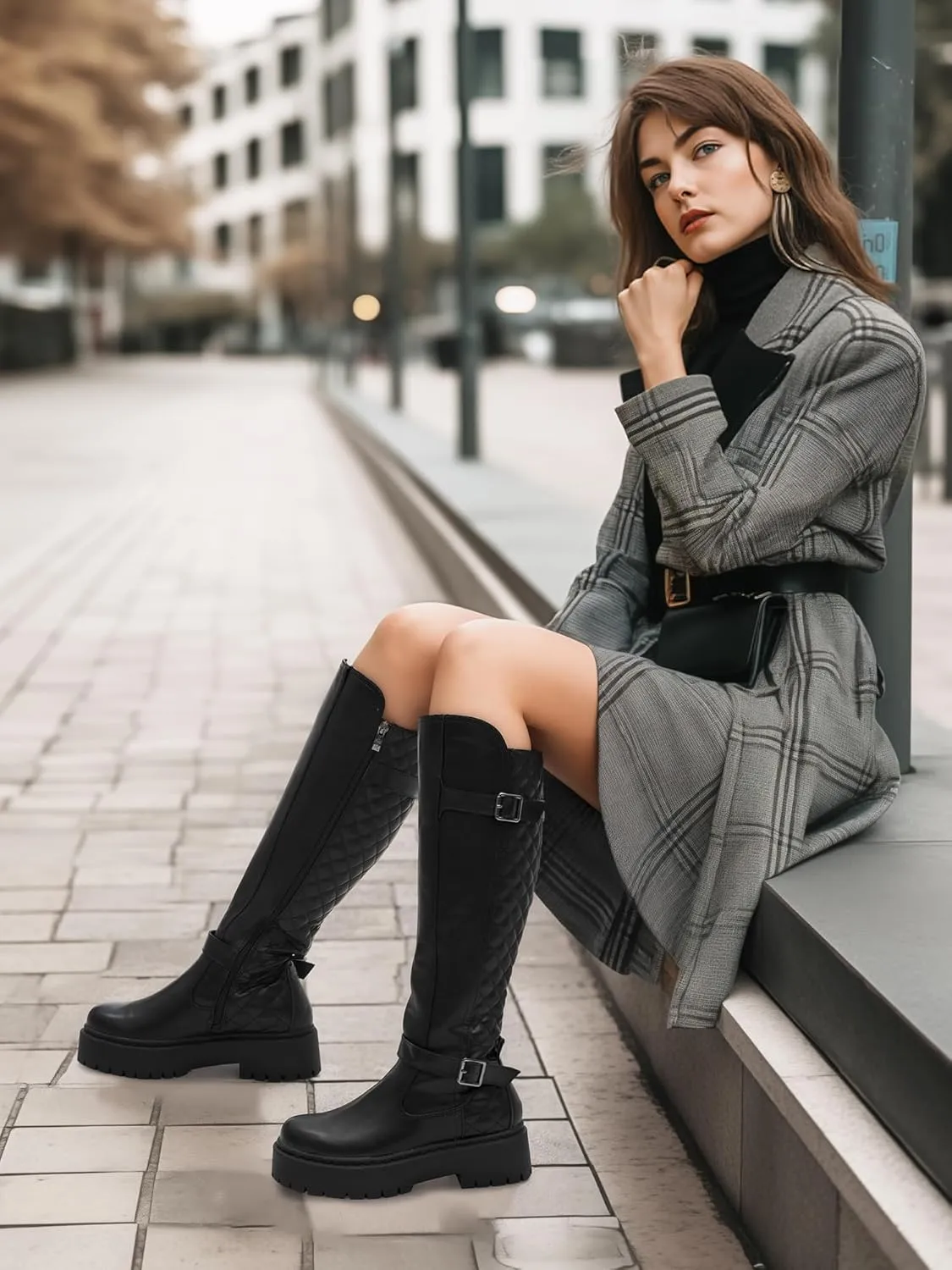 Womens Knee High Boots Riding Boots Buckle Biker Boots Chunky Platform Motorcycle Boots with Side Zipper for Women