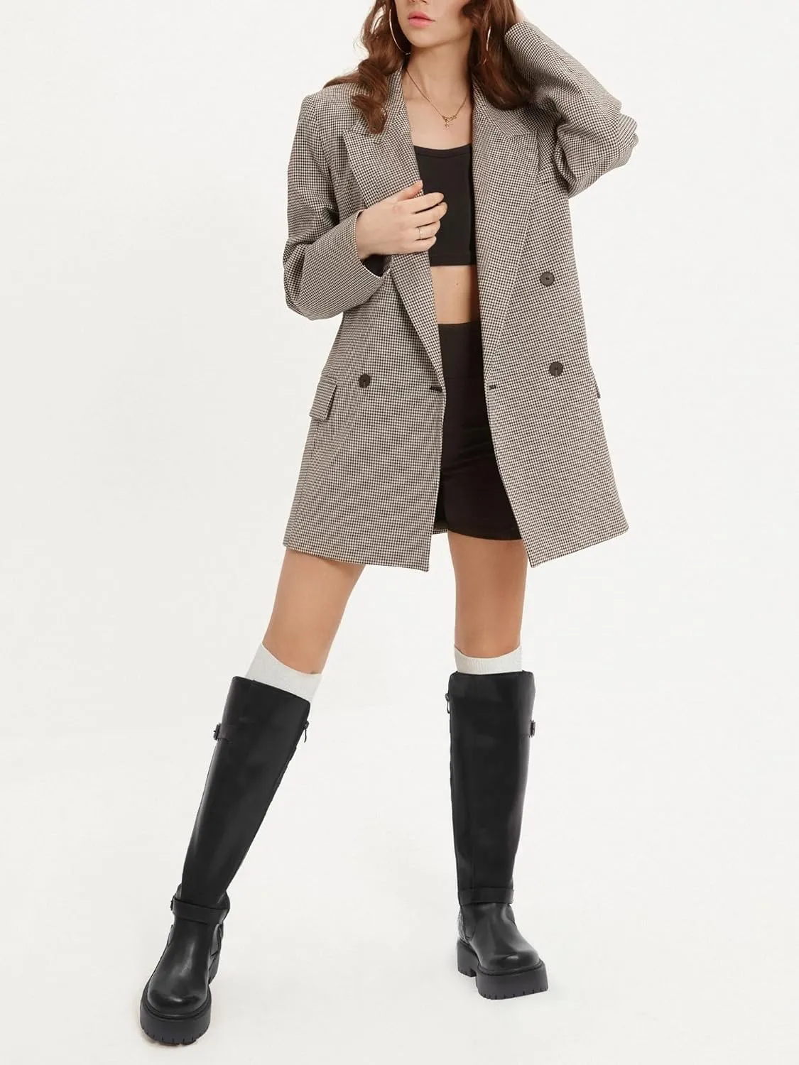 Womens Knee High Boots Riding Boots Buckle Biker Boots Chunky Platform Motorcycle Boots with Side Zipper for Women