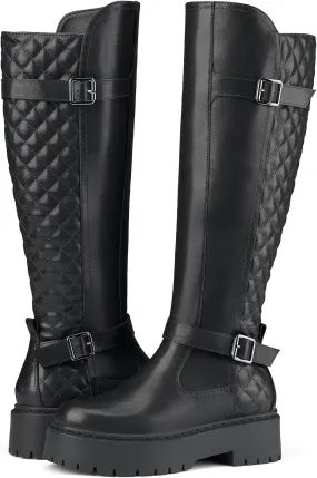 Womens Knee High Boots Riding Boots Buckle Biker Boots Chunky Platform Motorcycle Boots with Side Zipper for Women