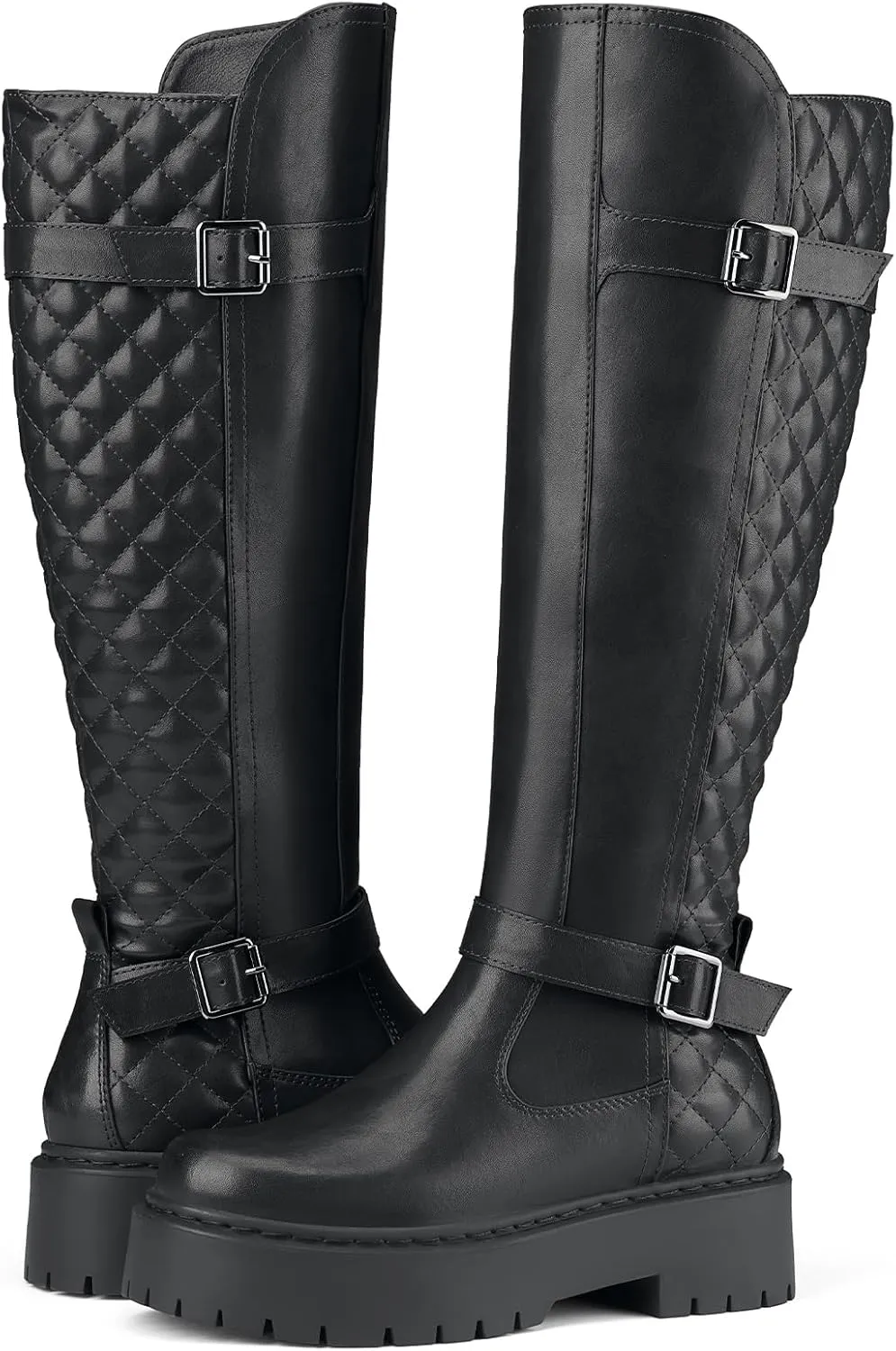 Womens Knee High Boots Riding Boots Buckle Biker Boots Chunky Platform Motorcycle Boots with Side Zipper for Women