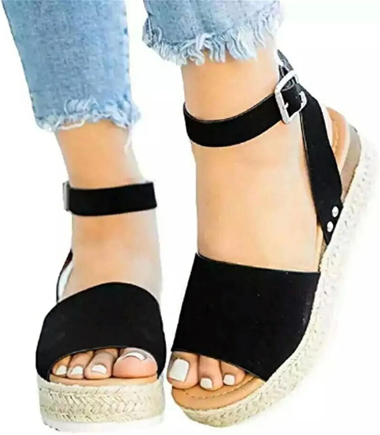Womens Open Toe Buckle Ankle Strap Espadrilles Flatform Wedge Casual Sandal Wedge Sandal Ankle Buckle Beach Open Toe Wide Widge Sanddals Orthopedic Width