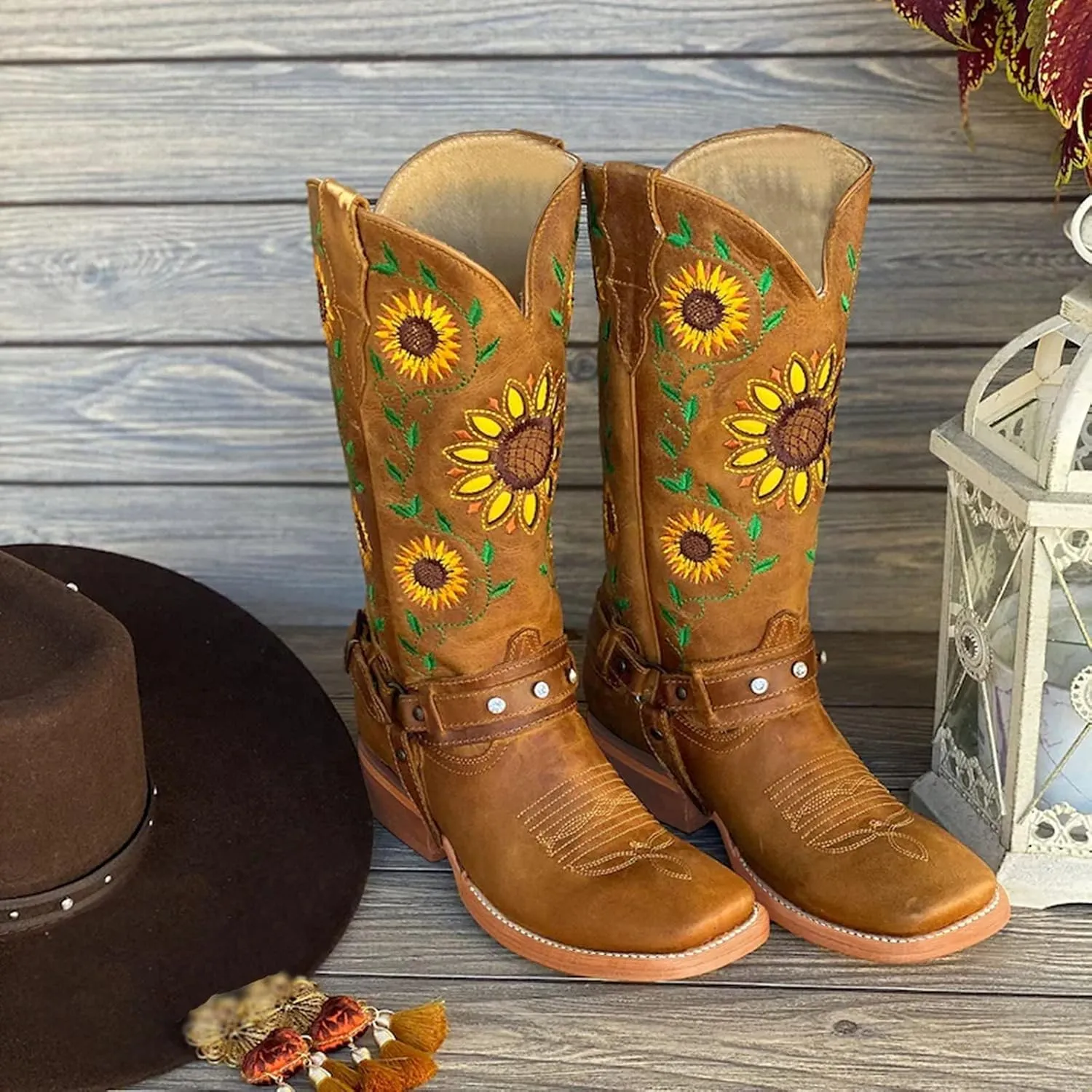 ZBYY Cowboy Boots for Women Mid Calf Western Boots Sunflower Embroidery Stitched Square Toe Chunky Low Heel Boots