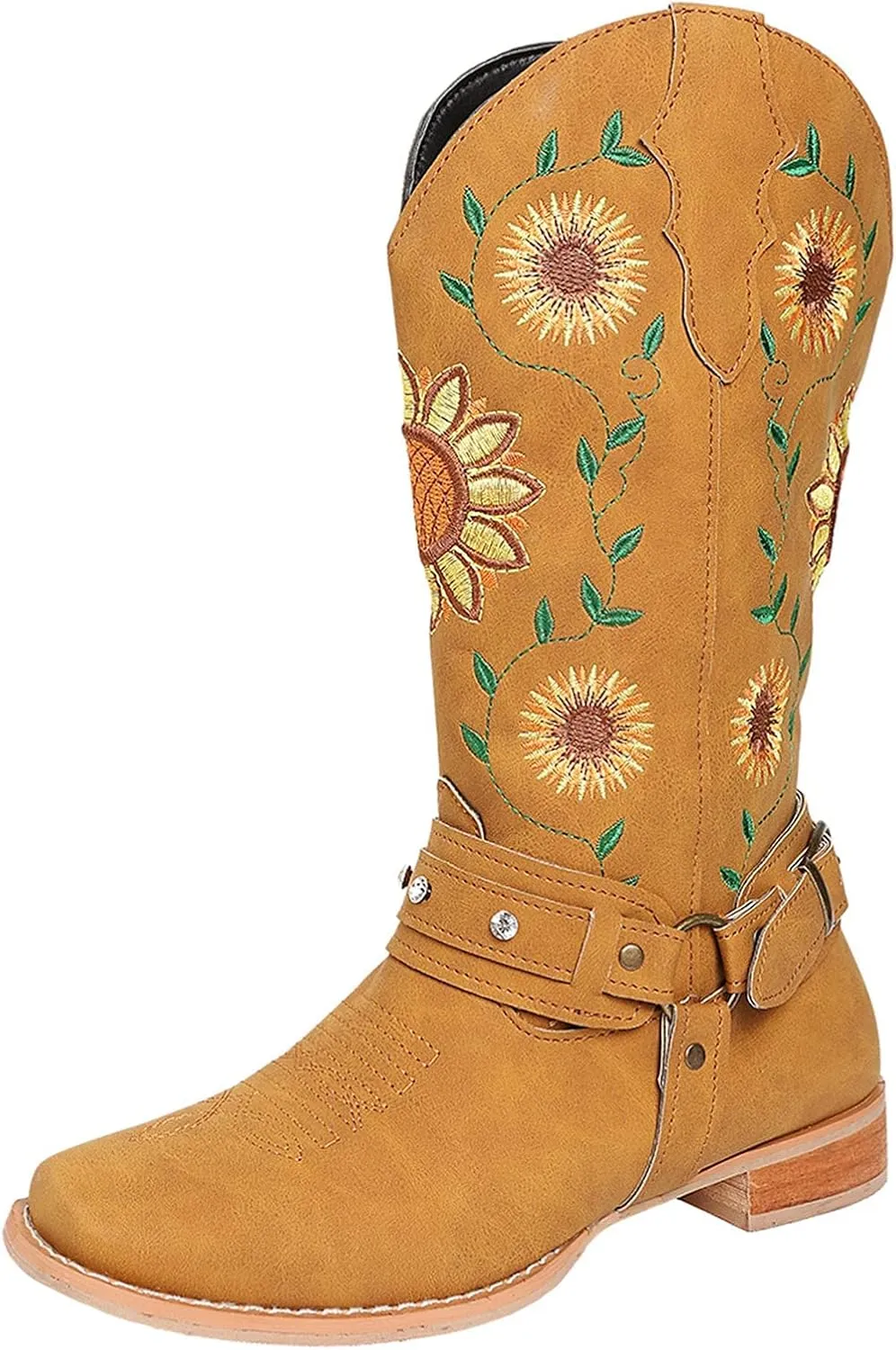 ZBYY Cowboy Boots for Women Mid Calf Western Boots Sunflower Embroidery Stitched Square Toe Chunky Low Heel Boots